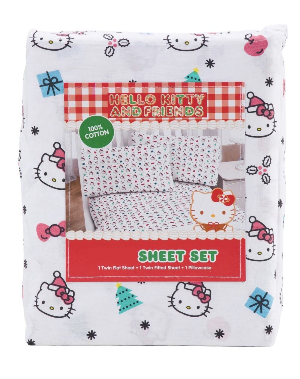 New! Sanrio’s Hello Kitty 4 Pc BOWS AND SANTA Queen Sheet Set~100% Cotton